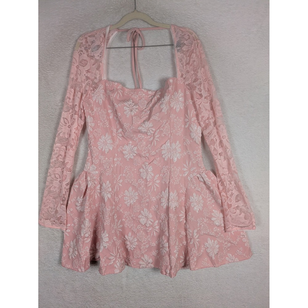 SHEIN Mini Dress Women's XL Pink Floral Lace Sleeve Square Neck Back
